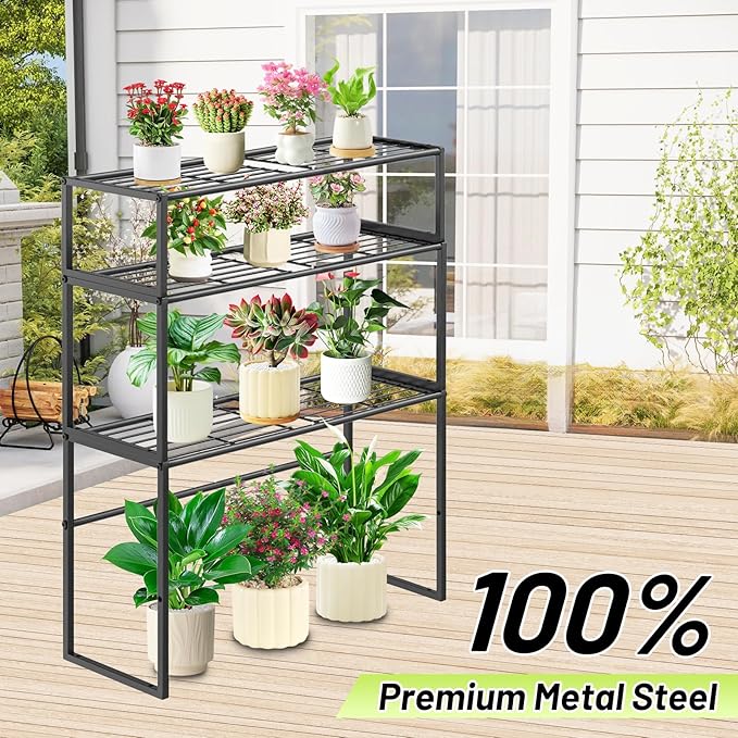 Metal Plant Stand Indoor Outdoor, 3 Tier Potted Multiple Flower Pot Holder Rack Plant Shelf, Heavy Duty Planter Display Shelving for Patio Balcony Garden Living Room Decorative (Black-3 Tier) Gouisalin