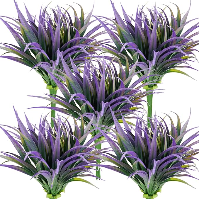 32Pcs Artificial Grass Fake Plants 17.3in Outdoor Plants UV Resistant Faux Greenery Stems Fake Grass for Home Window Garden Office Patio Pathway Front Porch Halloween Décor Green & Purple Phliofd