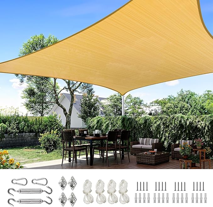 Quictent 20x20ft Fire Retardant 185G HDPE Sun Shade Sail with Hardware Kits Canopy 98% UV Block Outdoor Patio Garden (Sand) QUICTENT