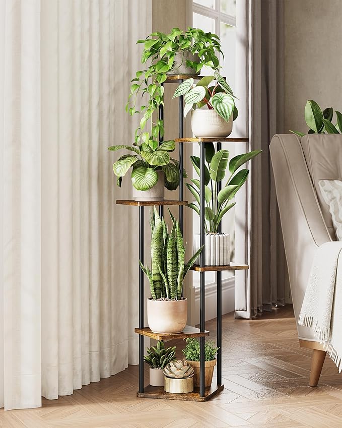 Corner Plant Stand Indoor 6 Tiered Tall Plant Stand Plant Shelf for Multiple Plants Coner Shelf Wood Plant Stands Metal Shelving for Living Room Bedroom Balcony Patio Brown Oak Gentingbro