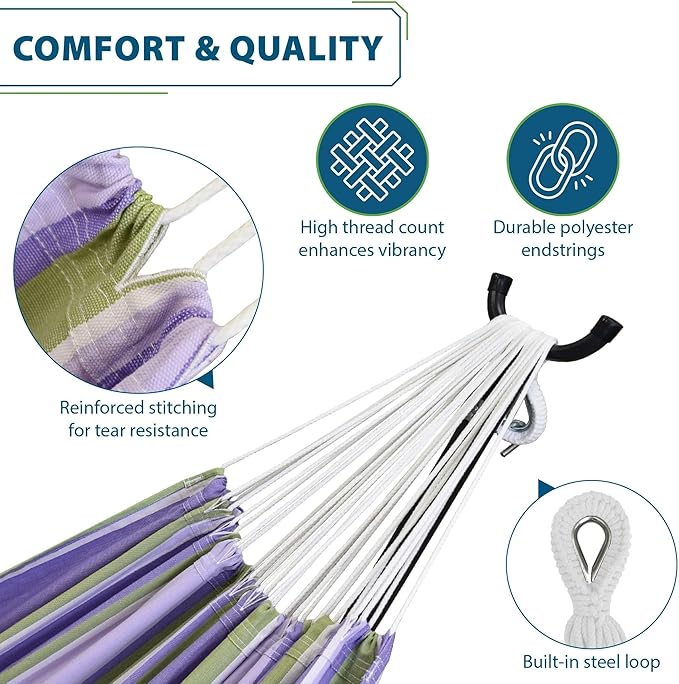 Vivere Double Cotton Hammock with Space Saving Steel Stand, Upgraded Polyester End Strings 450 lb Capacity - Premium Carry Bag Included - USA Grown Cotton (Tranquility) Vivere