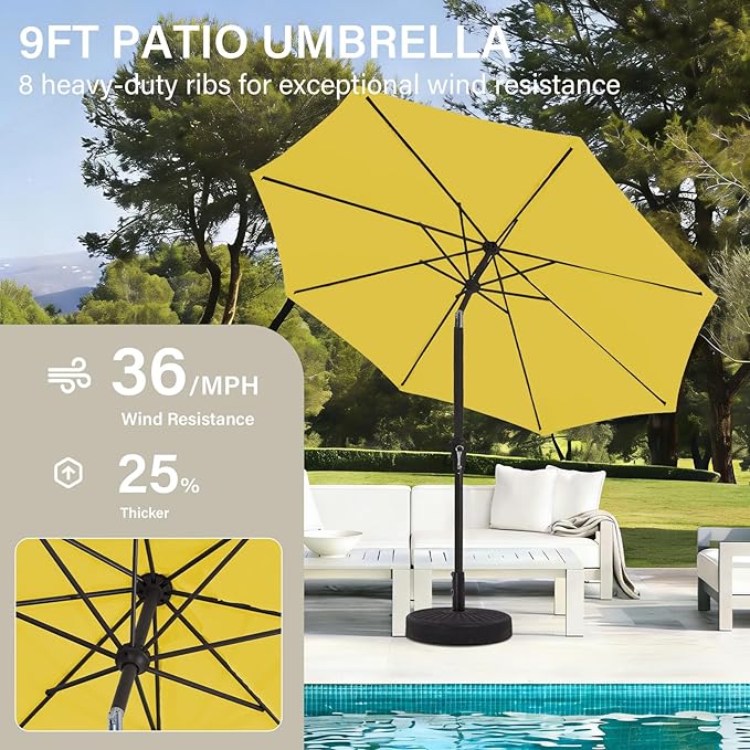 MEWAY 9ft Patio Umbrella Outdoor Table Umbrellas with Push Button Tilt and Crank, Market Umbrella 8 Sturdy Ribs for Deck, Garden, Pool and Backyard, Yellow MEWAY