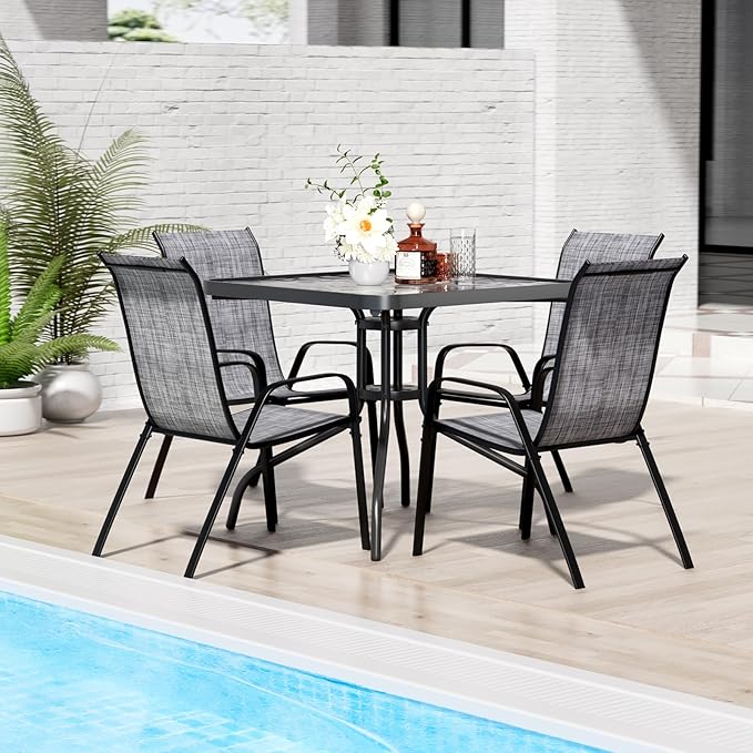 TLSUNNY Patio Dining Set 5 Pieces, All Weather Outdoor Furniture W/30"X 30" Table and 4 Stackable Textilene Chairs, Metal Table and Chairs for Lawn, Garden, Poolside, Backyard (Umbrella not Included) TLSUNNY