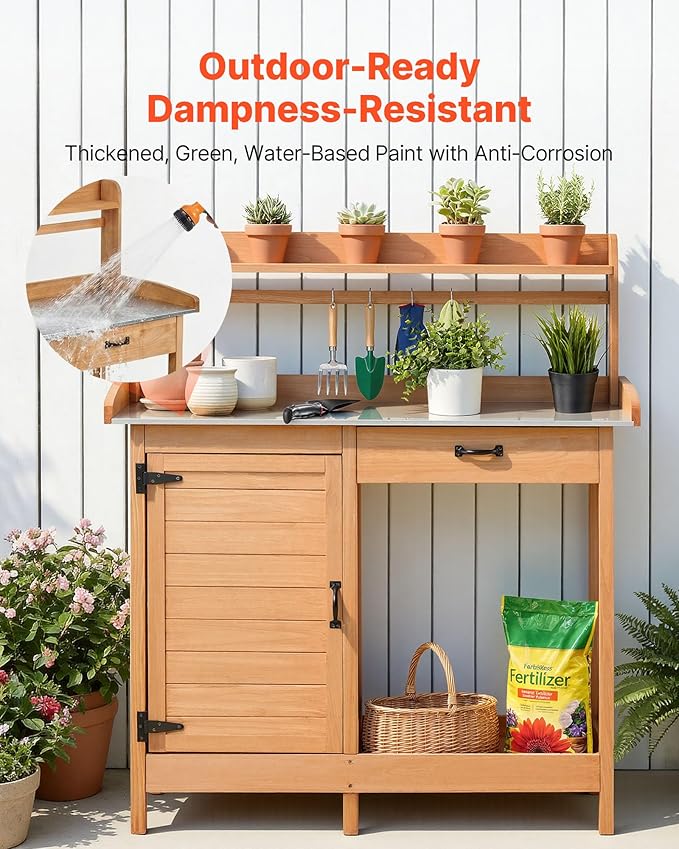 VEVOR Potting Bench Table, 3-in-1 Outdoor Gardening Wooden Workstation with 44 x 19 in Galvanized Iron Tabletop, Garden Work Station with Drawer, Storage Cabinet & Shelves, Hooks for Patio, Backyard VEVOR