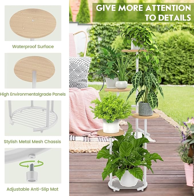 TOSKING 5 Tier Metal Plant Stand Indoor， Plant Shelf, Corner Shelf Flower Pot Stand for Outdoor Plant Stand for Living Room Balcony Garden Patio Bedroom (White and Wood, 42in) TOSKINGESSENCE