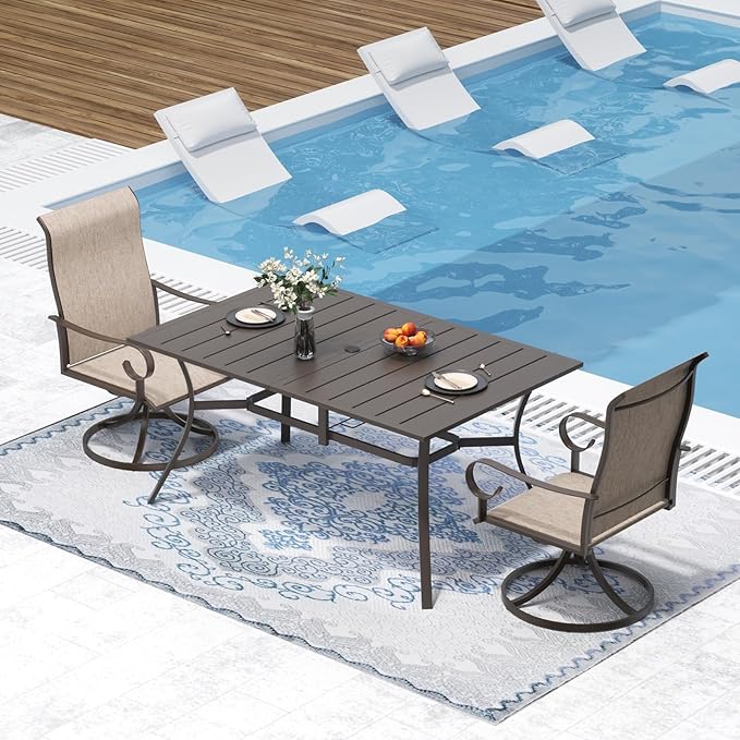 Outdoor Metal Steel Rectangle Patio Dining Table, 6 Person Patio Table with Adjustable Umbrella Hole, Weather-Resistant for Garden Backyard Porch, Dark Brown ADREAK