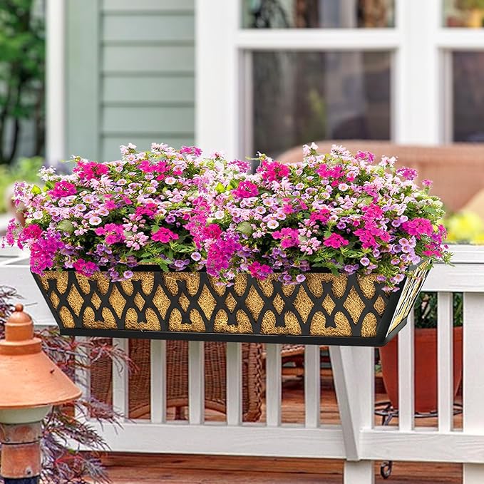 2 Pack 16 Inch Window Boxes Planters Railing Planter Box with Adjustable Brackets for Porch Fence Patio Balcony Hanging Flower Baskets with Coco Liners for Outdoor Garden Decor - Black KarlliuHOMEGARDEN