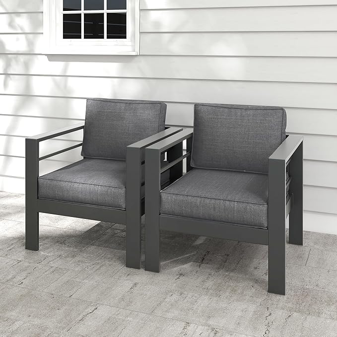 Kiss the Water Outdoor Patio Metal Furniture Chair, 2 PCS All-Weather Aluminum Outdoor Sofa with 5" Thick Soft Cushion and Wide Arm, Deep Seating Patio Couch for Balcony, Porch, Backyard KisstheWaterPatioTool