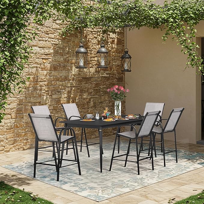 HOMREST Outdoor Bar Height Stools Set of 6,High Back Patio Chairs with Armrests,Textilene Chairs with Breathable Fabric & Metal Frame for All Weather,Light Grey HOMREST