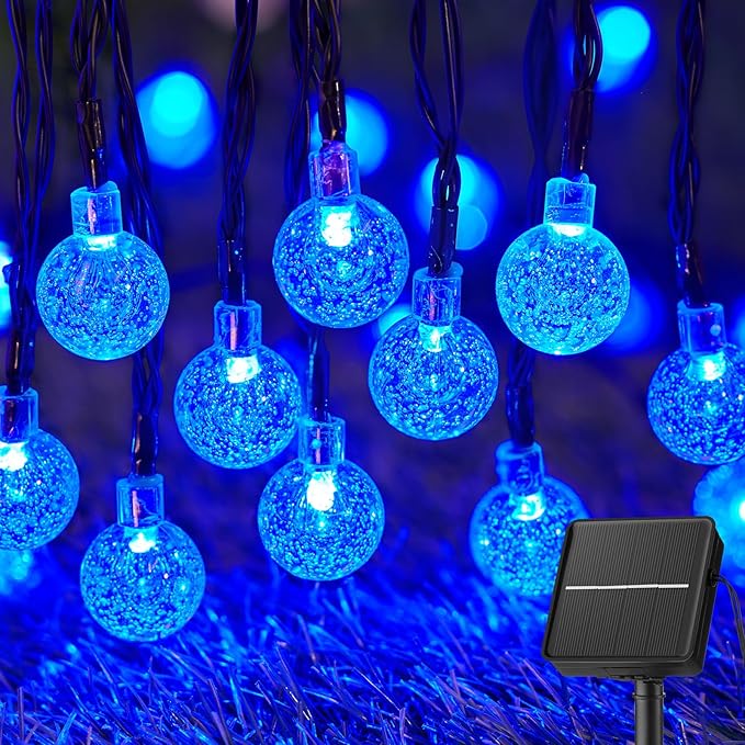 Brightown Solar String Lights Outdoor 60 Led 35.6 Feet Waterproof Solar Powered Patio Lights with 8 Lighting Modes for Garden Yard Porch Wedding Party Decor Halloween (Blue) Brightown