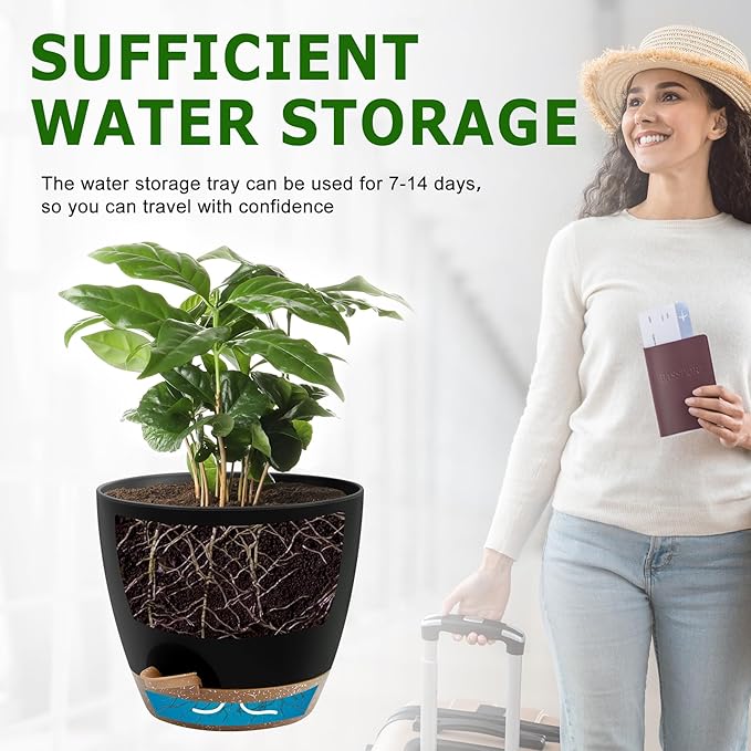 Plant Pots 12/10/9 Inch Self Watering Pots, Set of 3 Plastic Planters with Drainage Holes and Saucers,Plastic Flower Pots,Nursery Planting Pot for Indoor Out Door Plants(Black) QRRICA
