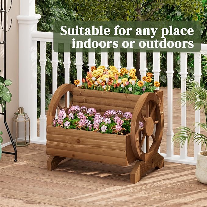 Wooden Wagon Planter Flower Cart with Wheels Garden Box Garden Planter, Decorative Planter for Flowers Herbs Vegetables for Indoor & Outdoor Décor Flower Cart for Patio Garden Balcony (Brown) PULIJIAJU