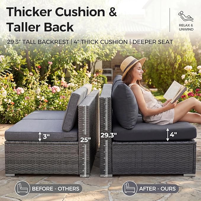 NICESOUL 9 Piece Modern Outdoor Furniture Set with Fire Pit Table, 8 Seat L-Shaped Extra Large Sectional Sofa Sets, 29.3'' High Back Comfy Modular Wicker Conversations, Natural Gas & Propane, Grey NICESOUL