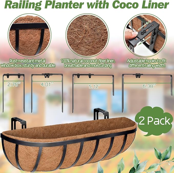 ZeeDix 24 Inch Railing Planter Box, 2 Pack Metal Window Boxes with Coco Liners for Railing, Hanging Flower Boxes for Deck Porch Balcony & Fence Outdoor Indoor Lawn ZeeDix
