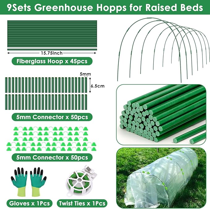 9 Sets Greenhouse Hoops for Raised Beds,45 Pcs Garden Hoops Grow Tunnel Rust-Free Fiberglass Garden Stakes Hoops, Plant Support Hoop House Kit Frame for Shade Cloth Netting Row Cover Garden Supplies LifeisLuck
