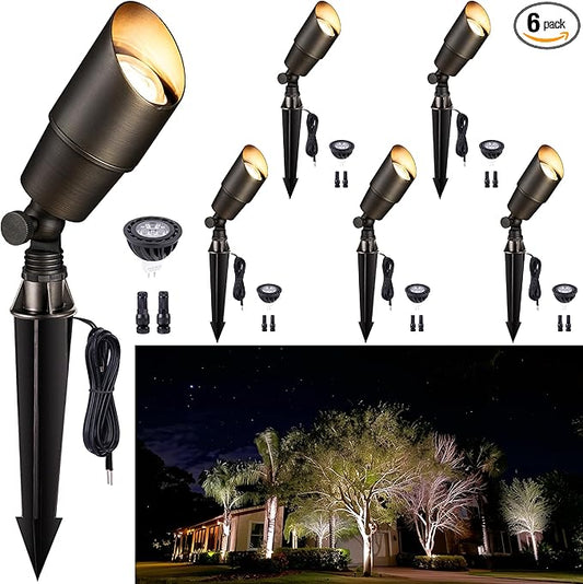 Gardenreet Solid Brass Spot Lights - Low Voltage Landscape Spotlight Outdoor, 12V LED Uplights Wired Waterproof, Electric Bronze for Patio Wall with 4000K Bright White MR16 Bulb (6 Pack) Gardenreet