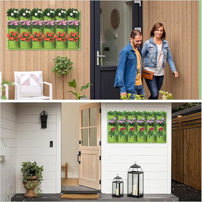 LITLANDSTAR 18 Pockets Hanging Grow Bags, 2 Pack Horizontal Wall Planter Plant Grow Bags Outdoor Indoor Hanging Planter for Balcony/Railing/Fence/Yard/Garden/Home Decoration, Green LITLANDSTAR