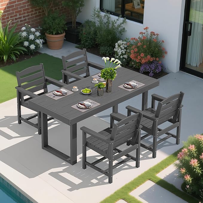 SERWALL HDPE Outdoor Dining Set for 4, 67'' All Weather Patio Dining Table and Chairs Set for Deck, Lawn, Gray SERWALL