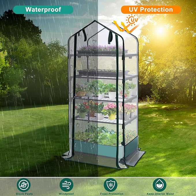 5 Tier Mini Greenhouse for Indoor Outdoor, Portable Green House with Durable PVC Cover and Shelves for Seedling, Heavy Duty Greenhouse with Waterproof Mat and Cover Tape, Gardening Gifts for Women Men Rootora
