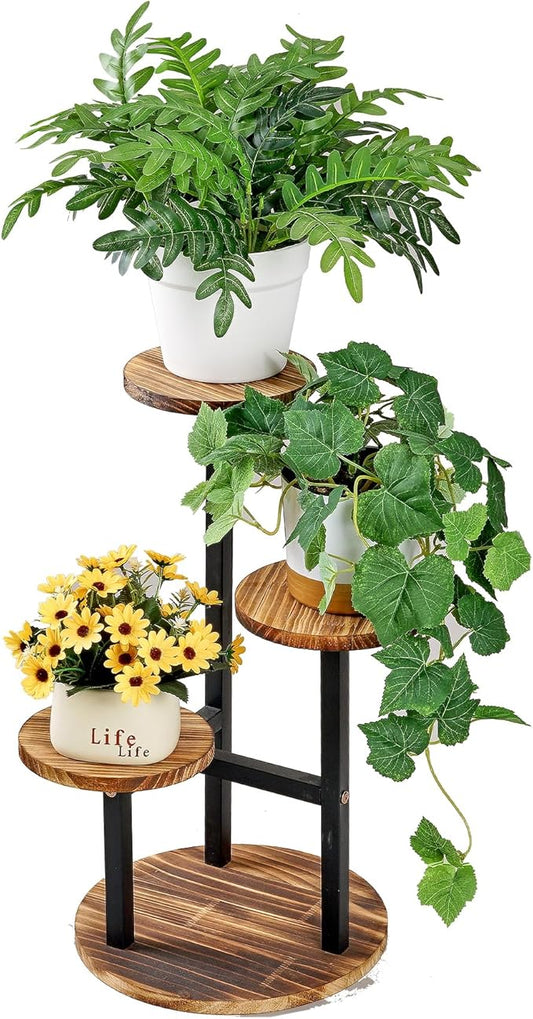 VECELO 3 Tier Plant Stand Indoor Outdoor, Tall Metal Wood Flower Shelf for Multiple Plants, Small Tiered Round Corner Display Rack, Planter Pot Holder for Patio Garden Balcony Living Room Bedroom VECELO