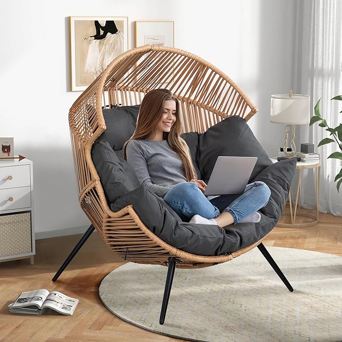 Shintenchi Wicker Egg Chair,Outdoor Indoor Rocking Chair,Large PE Rattan Rocking Chair with Cushion for Patio, Balcony, Backyard, Garden,Deep Grey Shintenchi
