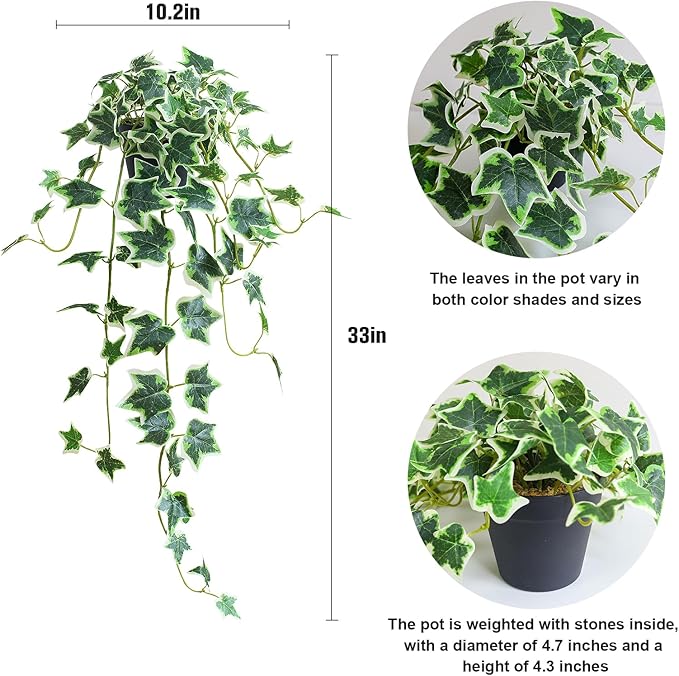 Fake English Ivy Plants in Pots Set of 2 – Realistic Artificial Ivy Greenery for Home Decor, Tabletop, Office, Shelf, Balcony, Lifelike Faux Hanging Vines, No Maintenance Required - White and Green ALYPTUS