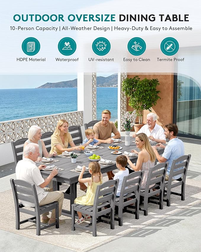 SERWALL Outdoor Dining Chairs Set of 4, All-Weather HDPE Patio Chair with 19.7" Widened Seat, for Backyard, Garden, Gray SERWALL