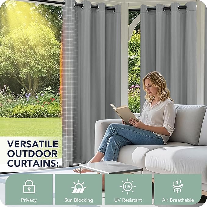 Outdoor Curtains for Patio Waterproof 6 Panels - Windproof, Privacy, Weatherproof Outside Drapes for Gazebo Pergola Porch, Grommet Top and Tab Bottom, 54x120 Inch, Grey RichSets