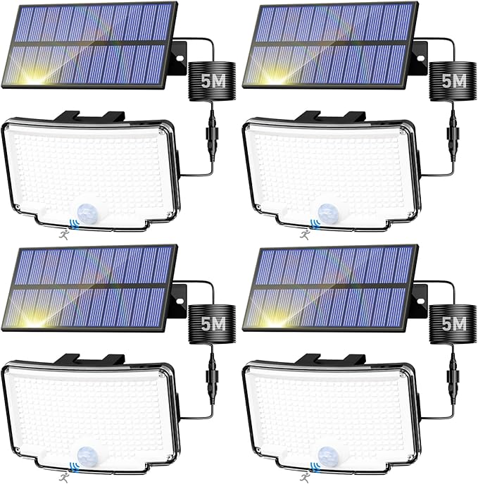 Peasur 4 Pack Solar Motion Lights Outdoor, 318 LED Solar Security Light with 3 Modes, IP65 Waterproof Powered Flood Lights for Outside Garden Patio Garage Yard Backyard Peasur