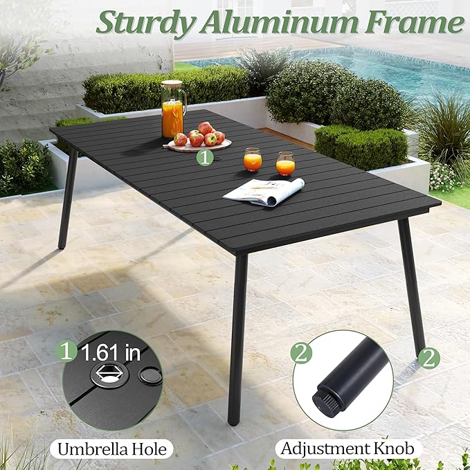 83" Patio Outdoor Dining Table for 6-8, Weather-Resistant Wood-Grain Top with Aluminum Frame & Umbrella Hole for Deck Gatherings, Black VredHom