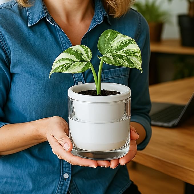 D'vine Dev 4 Inch Design Self Watering Planter for Indoor Plants, White Terracotta Pots with Cylinder Glass Cup, Set of 3, 37-Z-A-2-T DvineDevPlanterPotsandStand