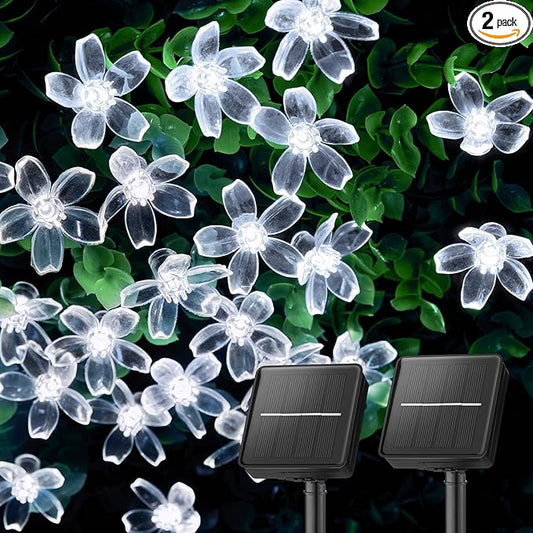 Brightown 2 Pack Total 52FT 120 LED Solar String Lights Flower Outdoor Waterproof Fairy Lights for Garden Yard Fence Patio Christmas Tree Wedding Party Decor, Pure White Brightown