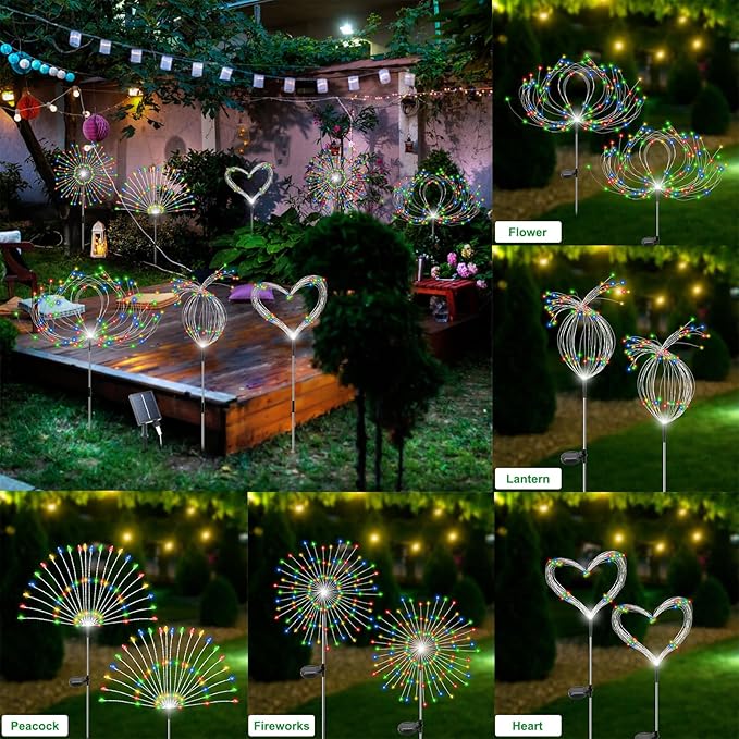Solar Garden Lights Outdoor Waterproof, 4 Pack Total 480 LED Solar Starburst Sparkler Lights Decorative with 8 Lighting Modes Outside for Flowerbed Pathway Party Christmas Decoration, Multicolor Slyuexu
