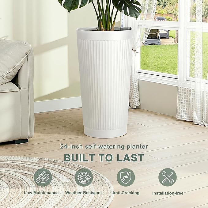 24” Tall Outdoor Planters Set of 2, Self Watering Flower Pots White Planters for Outdoor Plants, Modern Plastic Tall Planter for Front Porch, with Drainage Hole (Ribbed) PolarcoForgeco