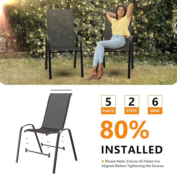 VINGLI Patio Chairs Set of 8 – Stackable Outdoor Dining Chairs with Comfortable Sling High Back Chairs and Armrests for Lawn, Poolside, Courtyard, Balcony, Garden, Black VINGLI