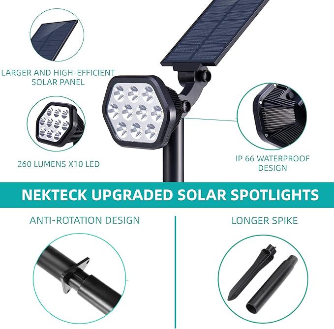 Nekteck Solar Lights Outdoor,10 LED Landscape Spotlights Powered Wall Lights 2-in-1 Wireless Adjustable Security Decoration Lighting for Yard Garden Walkway Porch Pool Driveway (2 Pack, Warm White) Nekteck