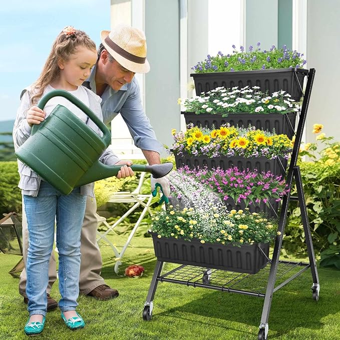 SEJOV 5-Tier Raised Garden Bed, 4FT Vertical Garden Planter with Storage Rack and Lockable Caster Wheels, Indoor Outdoor Raised Planter Box with Drainage System for Vegetables, Flowers, Herbs, Black SEJOV