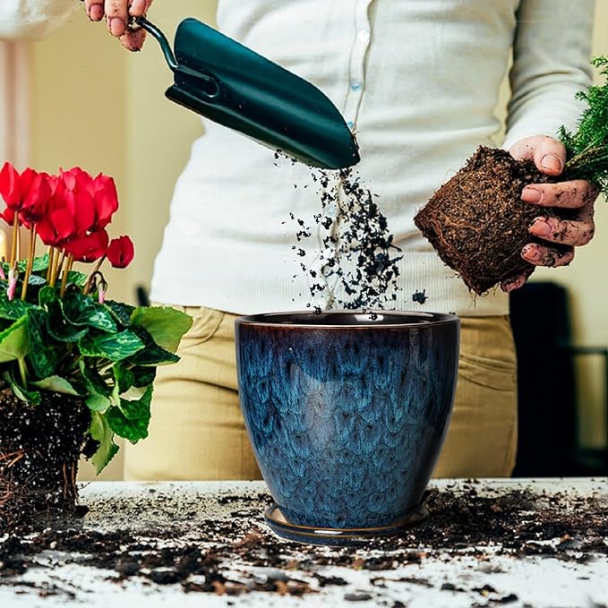 Ceramic Plant Pot, 6.3 Inch Ceramic Planter Pot with Drainage Hole and Saucer, Succulent Round Flower Pot for Indoor Plants Outdoor, Blue EPFamily