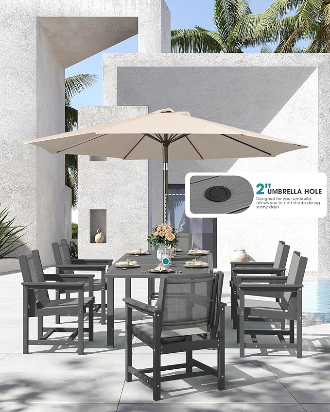SERWALL 9-Piece Outdoor Dining Set, 60" - 83" Expandable Patio Dining Table with 6 Breathable Textilene Chairs, All Weather HDPE Patio Furniture Set for Backyard, Garden, Grey SERWALL