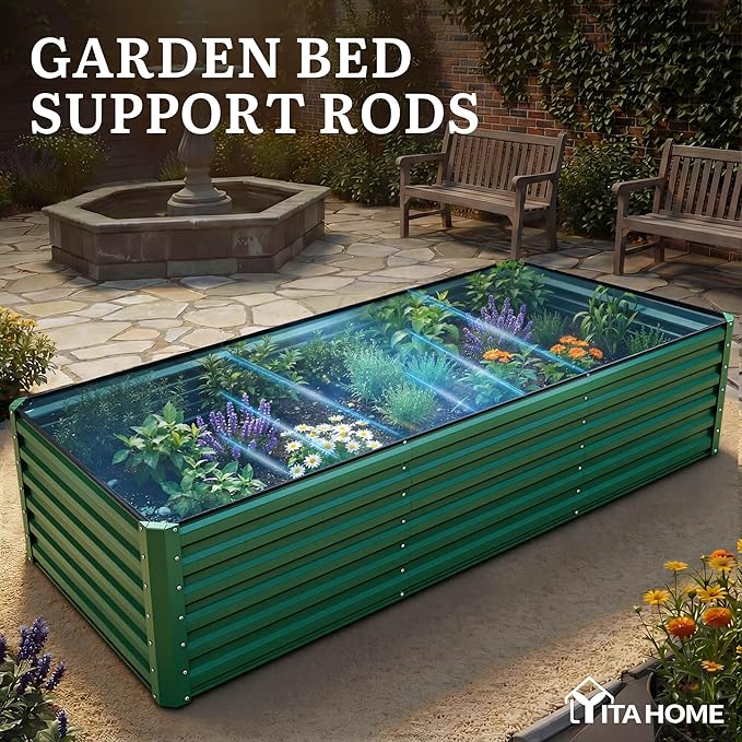 YITAHOME 4pcs 8x4x2 ft Galvanized Raised Garden Bed Kit, Large Metal Planter Box with Gloves, Safety Rubber & Support Rod, Outdoor Flower Bed for Plants Vegetables, Green YITAHOME