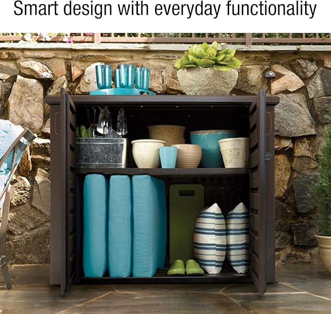 Rubbermaid Decorative Outdoor Storage Cabinet (123 Gal), Weather Resistant, Brown, Organization for Home/Backyard/Pool Chemicals/Toys/Garden Tools/Porch/Patio Cushions Rubbermaid