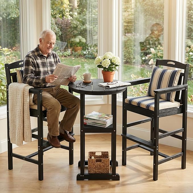 Ciokea Heavy Duty Bar Height Chair, 380lbs Outdoor Adirondack Tall Bar Chair Patio Stool with Arms & High Back, Heavy Duty All-Weather for Balcony, Poolside, Deck and Garden, Black CIOKEA