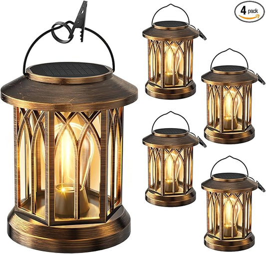 WdtPro Solar Lanterns Outdoor Lights, 4 Pack Bright Lanterns Outdoor Waterproof with Clip Patio Decor, Hanging Solar Lights for Outside Garden Yard Front Porch Table Decoration (Antique Copper) WdtPro