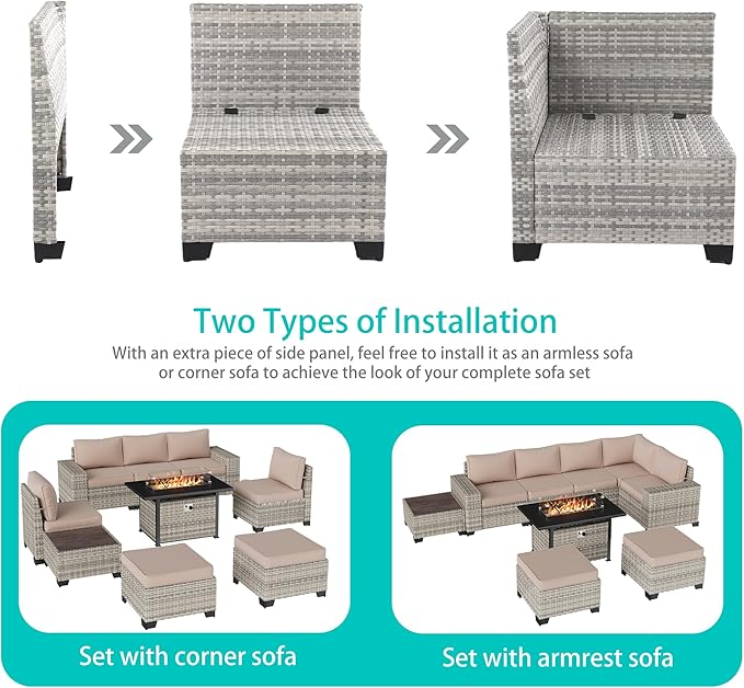 9-Piece Outdoor Patio Furniture Set with 55,000 BTU Fire Pit Table, PE Wicker Rattan Sectional Sofa Patio Conversation Set with Ottomans & Coffee Table, Sand MuphyersPatioFurniture