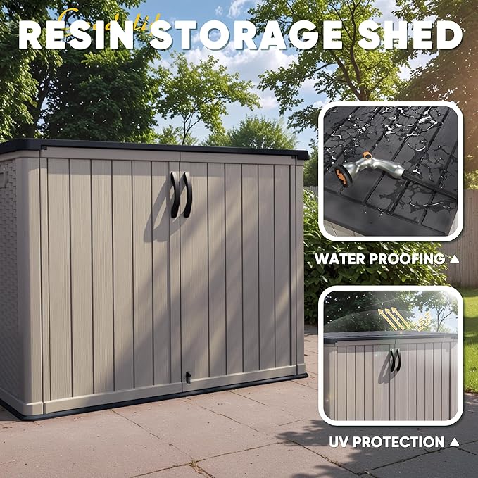 Devoko Outdoor Storage Cabinet 26 Cu Ft with Lockable Doors, Horizontal Storage Shed Waterproof Patio Tools Storage Box for Sofa Cushions, Gardening Tools and Accessories (Beige) DEVOKO