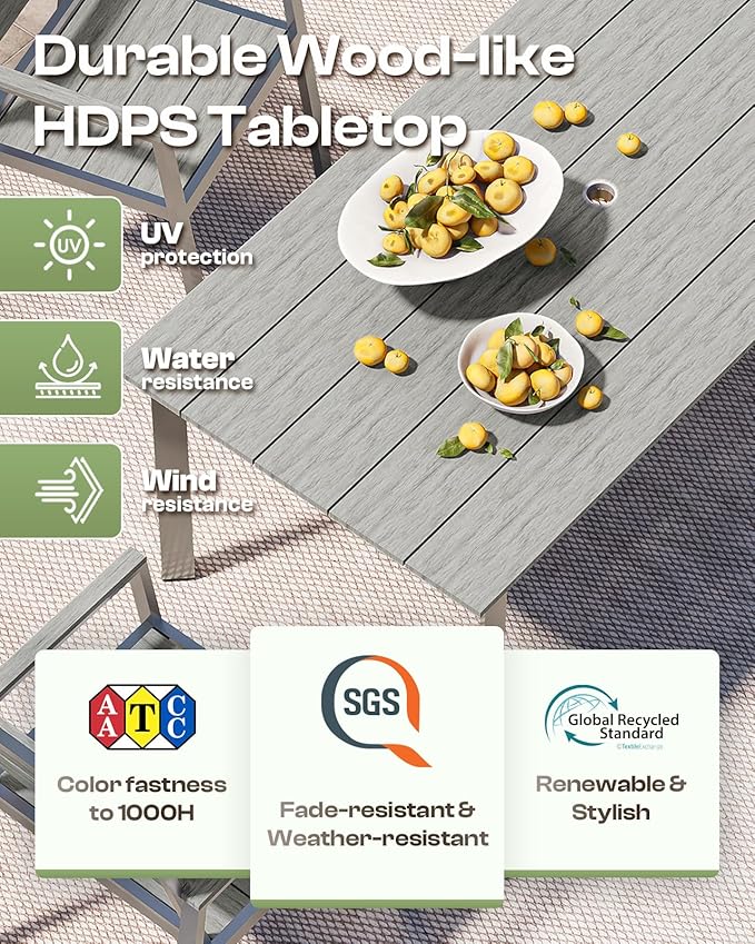 Aluminum Outdoor Dining Set for 6, Patio Table and Chairs Set with Umbrella Hole, 7 Pieces HDPS Outdoor Furniture Sets for Patio, Garden (Gray & Teak) Oasbira