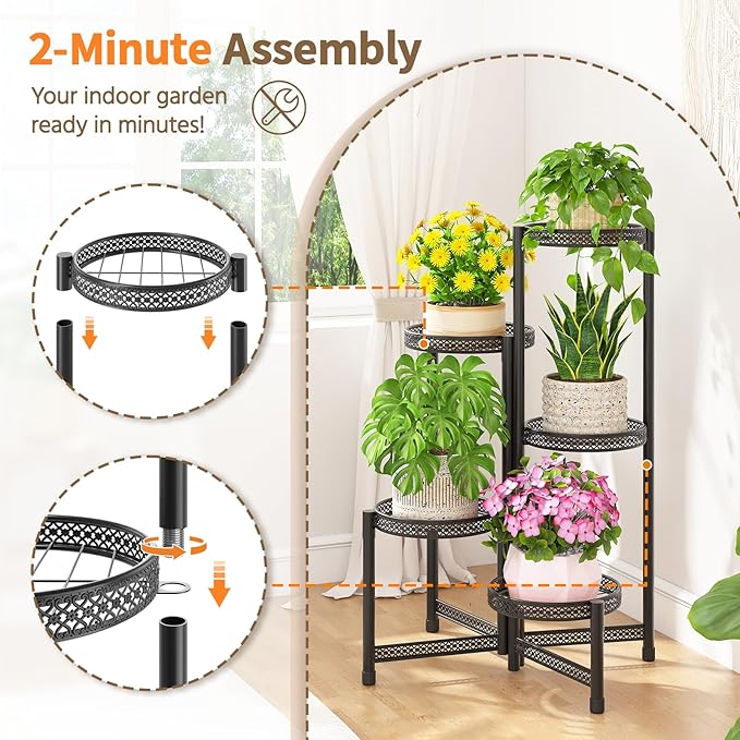 LASZOLA 5 Tiered Folding Tall Plant Stand Indoor Outdoor for Large Planter, Heavy Duty Metal Adjustable Multiple Flower Rack for Corner, Wrought Iron High Spiral Holder for Modern House Patio, Black LASZOLA