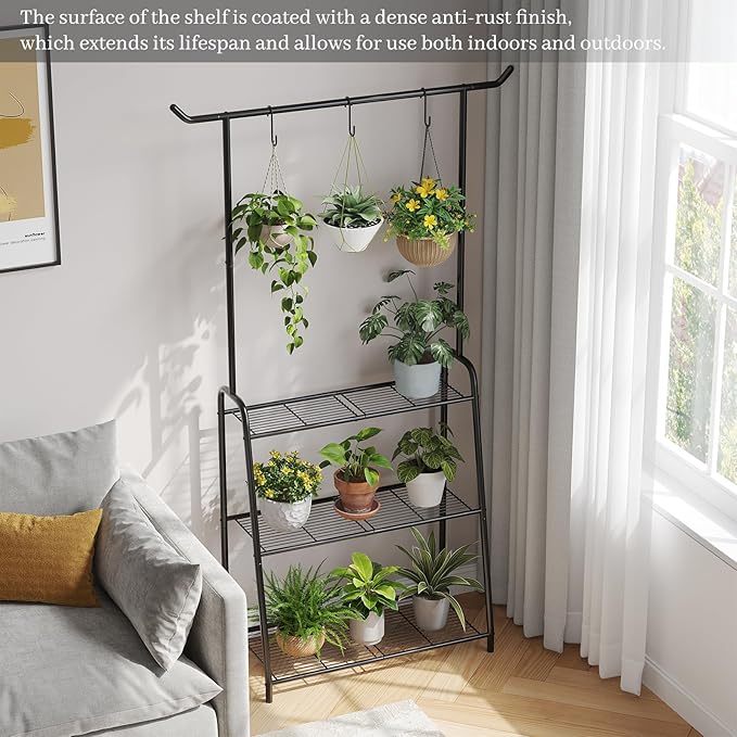 Plant Stand Indoor Outdoor,Metal Plant Stands for Multiple Plants,3 Tier Tall Hanging Plant Shelf,Large Heavy Duty Flower Holder Ladder Plant for Living Room, Patio, Balcony (Black) Kitsanery