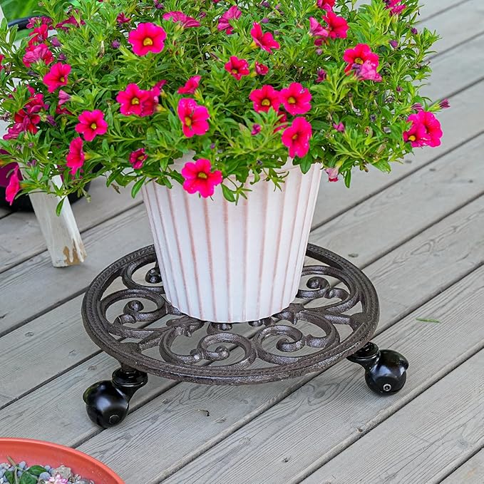 Sungmor Heavy Duty Cast Iron Plant Caddy,11" Round Potted Plant Stand Flower Pot Rack on 3 Solid Wheels,Indoor Outdoor Planter Holder Trolley Casters Rolling Tray Sungmor