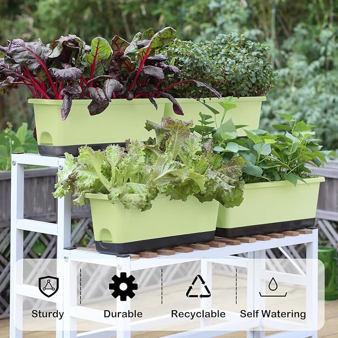 Window Box Planter 4 Packs, 17 Inches Rectangle Flower Pots with Drainage Holes & Trays, Pots for Vegetables, Herbs, Flowers, Garden Windowsill Balcony (Light Green, 17 * 5.1 * 6 inch) Oliz